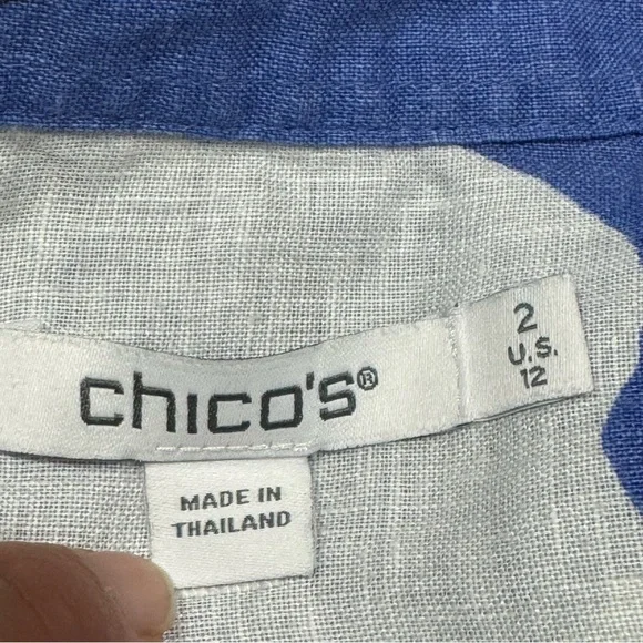 Chicos Linen Button Up Blouse Top Size 12 Floral Tropical Blue & White Coastal - Picture 7 of 12